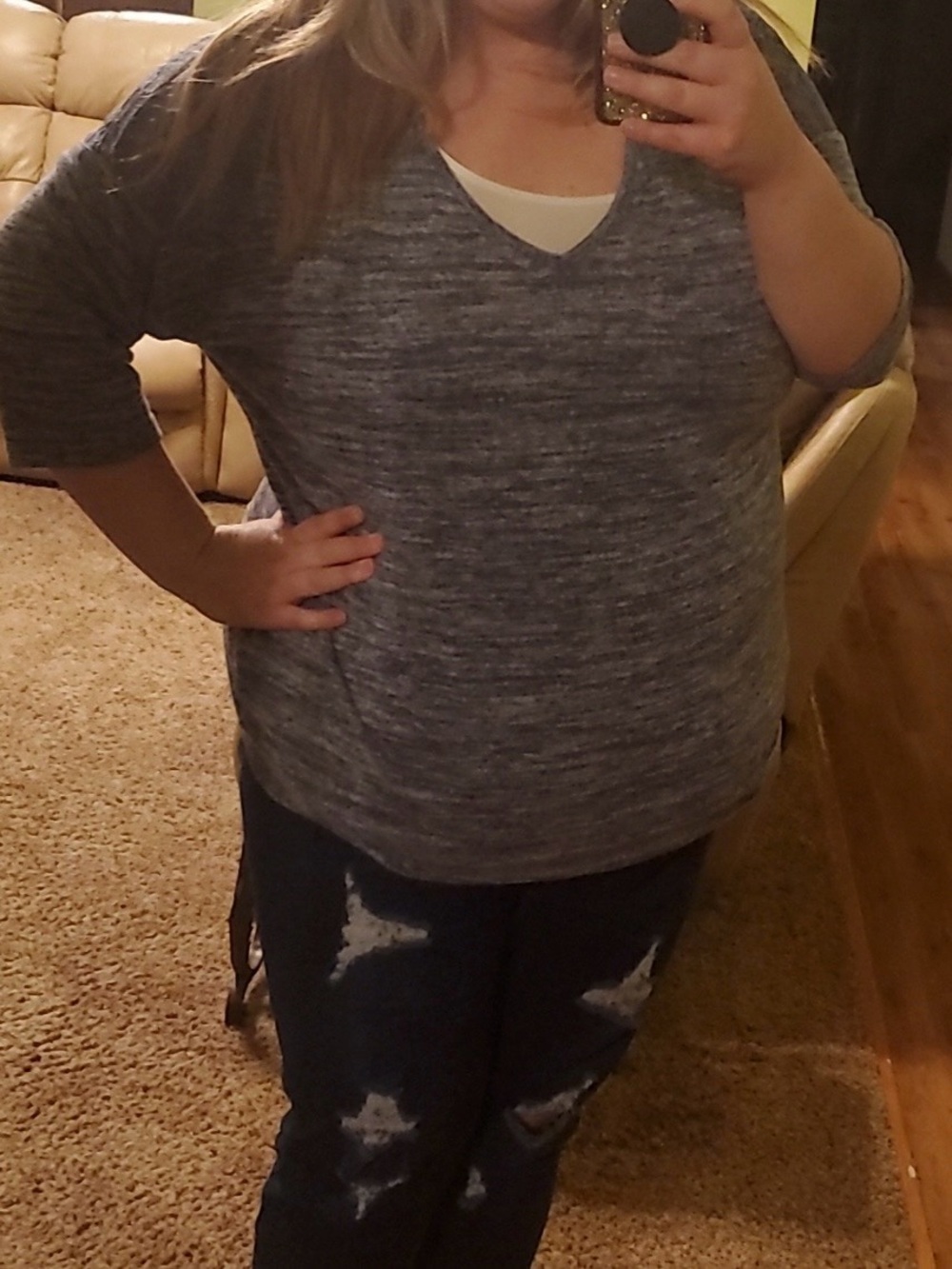 Girls' Heathered Navy Blue V-Neck Long Sleeve Top
